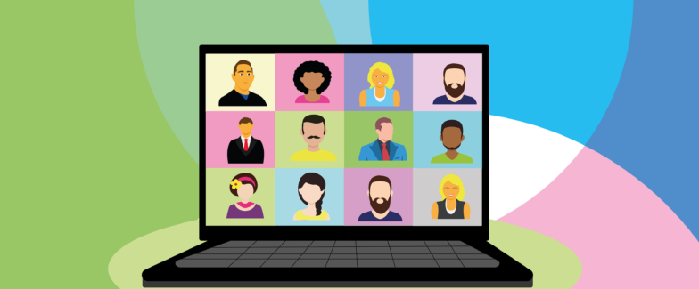 graphic of virtual conference screen on a laptop computer