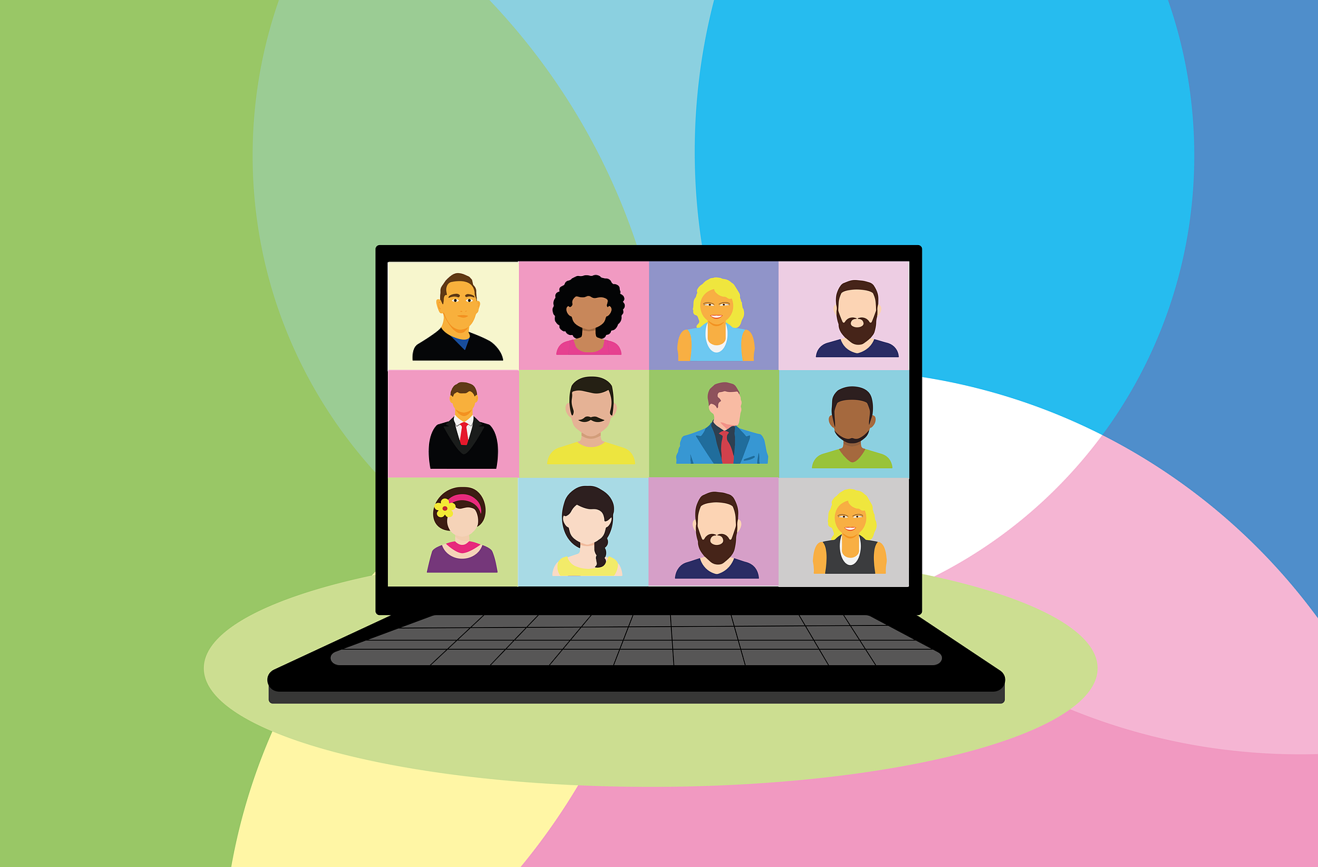 graphic of virtual conference screen on a laptop computer